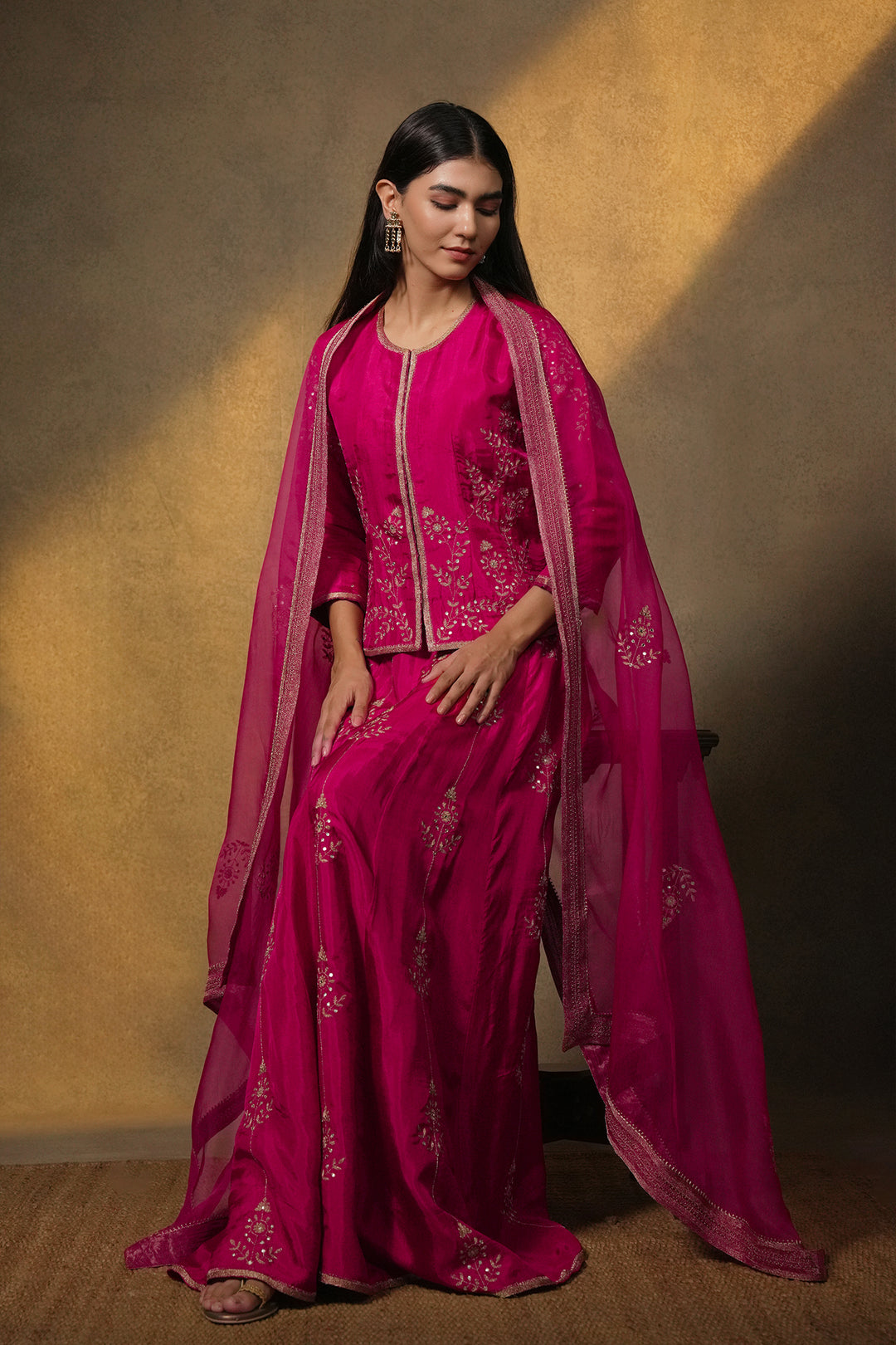 Pink Hand Embroidered Silk Lehenga with Kurti & Dupatta - Set of 3