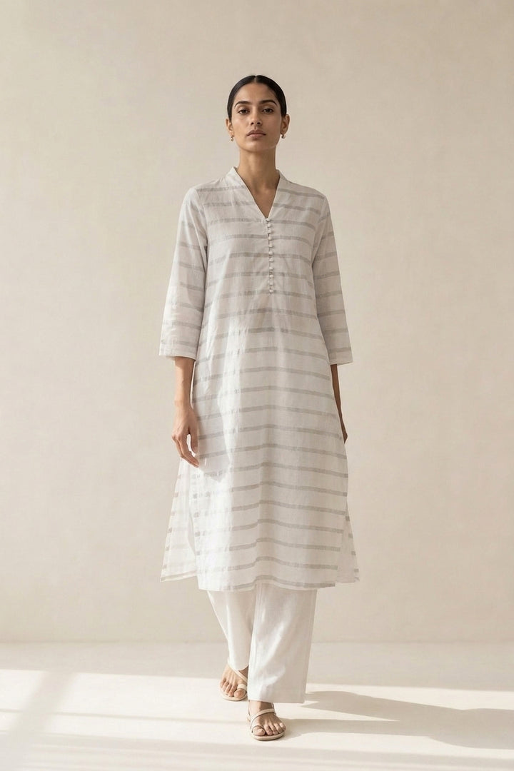 Zari Striped White Woven Kurta