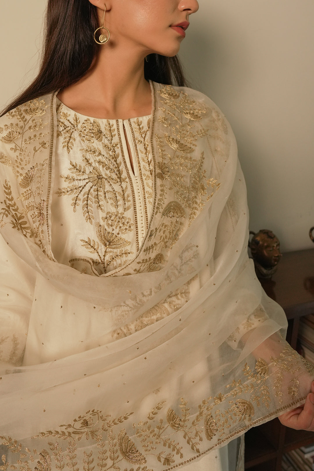 Natural Hand Embroidered Cotton Silk Kurta with Pants and Organza Dupatta