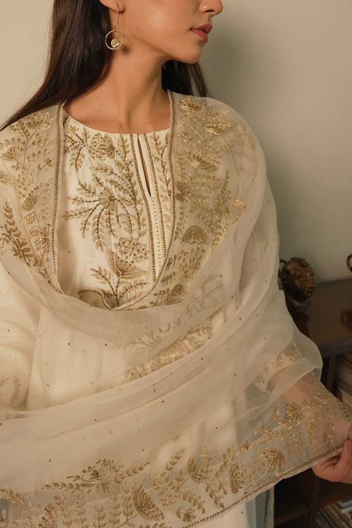 Natural Hand Embroidered Cotton Silk Kurta with Pants and Organza Dupatta