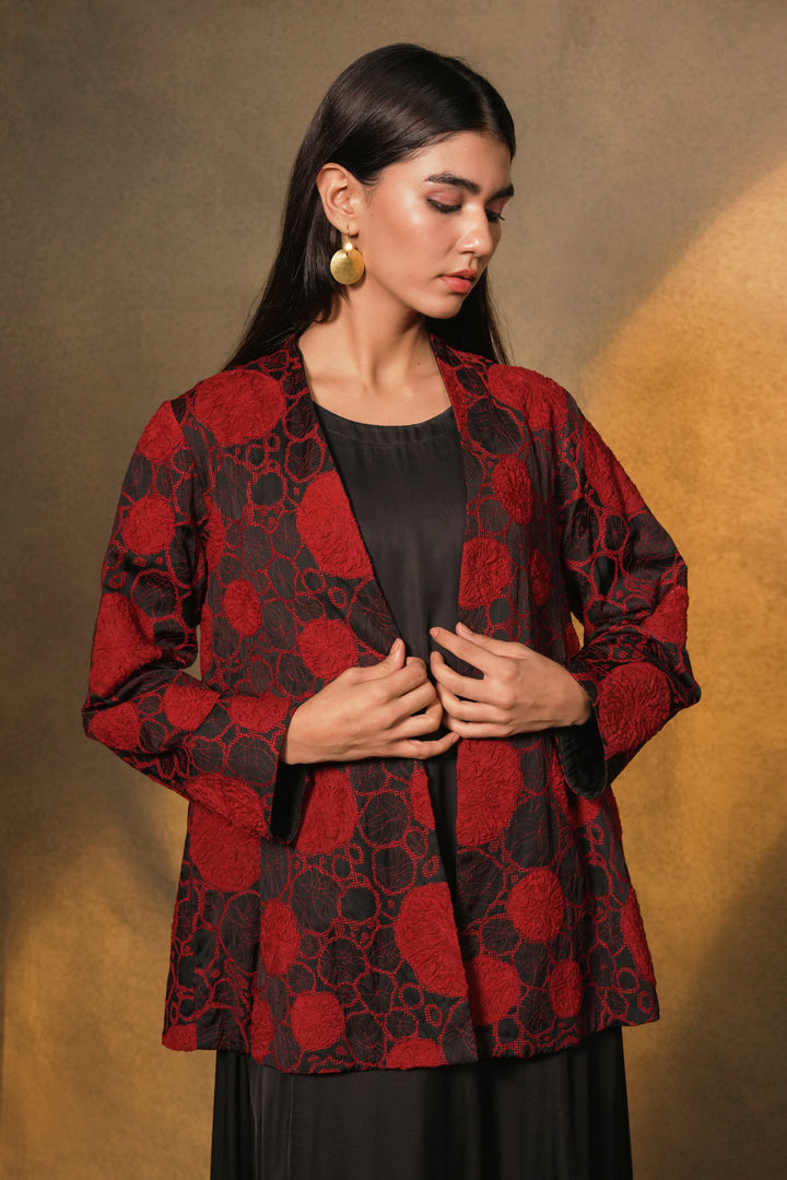 Black Cotton Dress with Patch Embroidered Cotton Silk Jacket