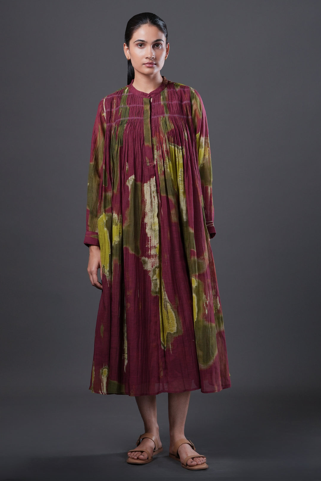 Maroon and Green Abstract Print Pleated Chanderi Midi Dress