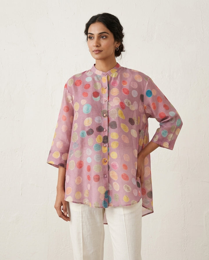 Mauve Printed Polka Chanderi Oversized Shirt
