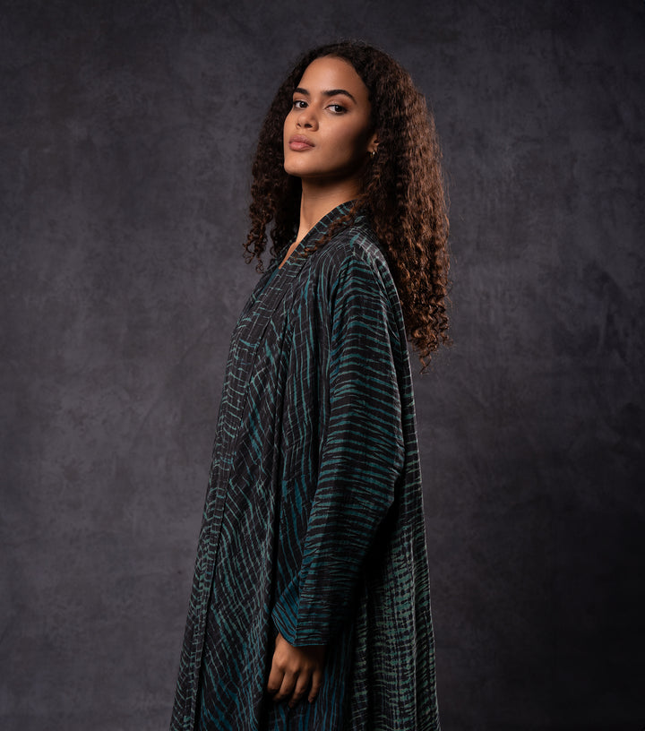 Teal & Black Hand-Dyed Shibori Silk Cape Set