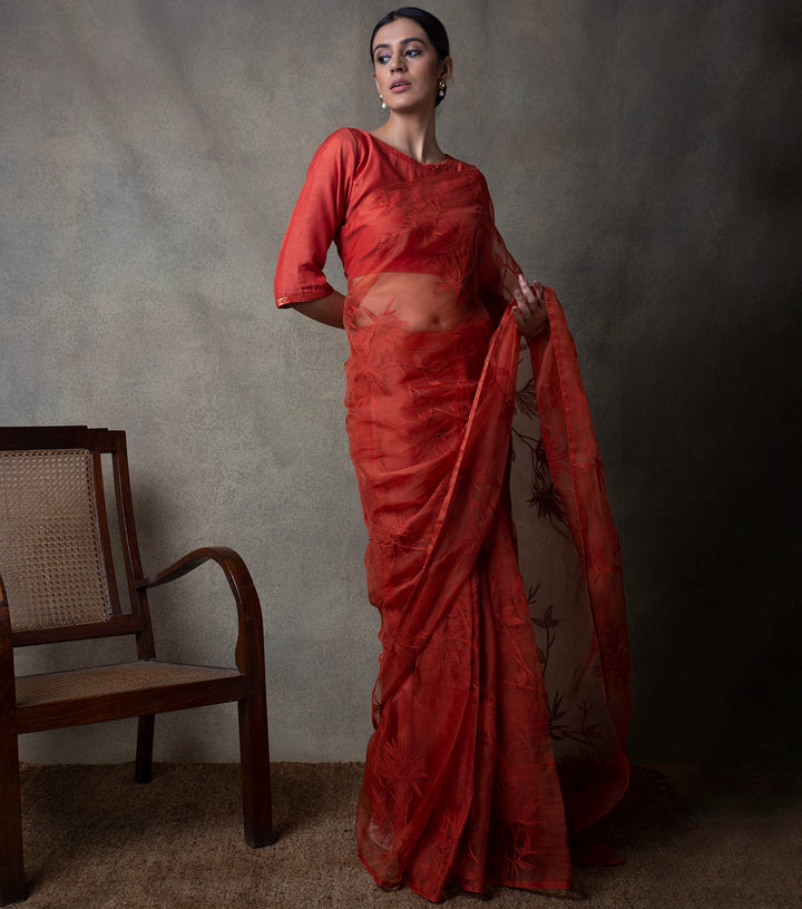 Rust Hand Embroidered Organza Saree