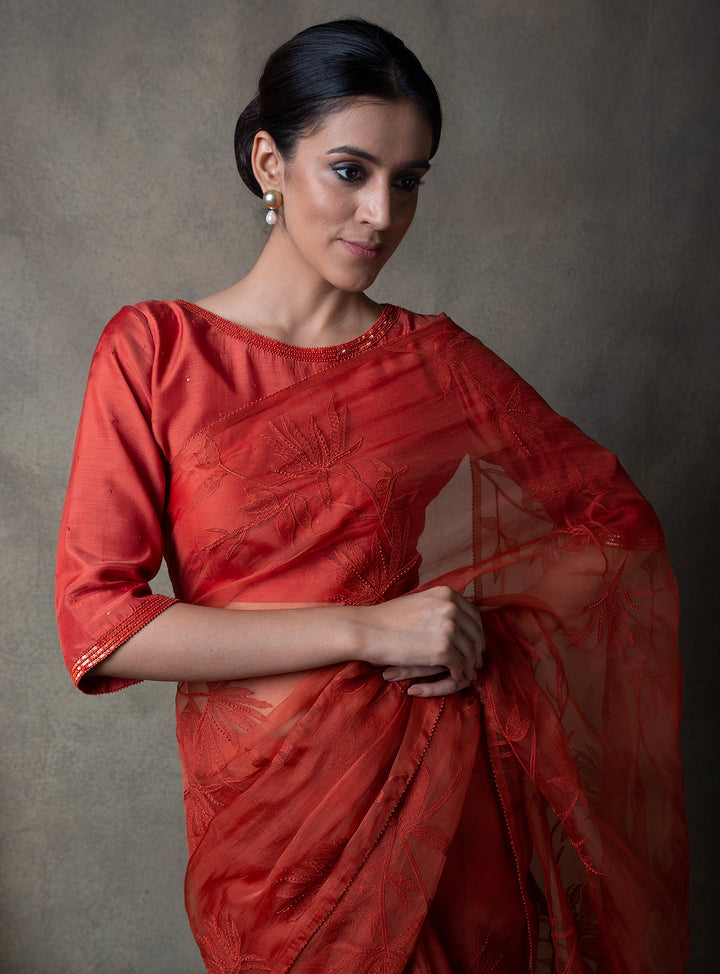 Rust Hand Embroidered Organza Saree