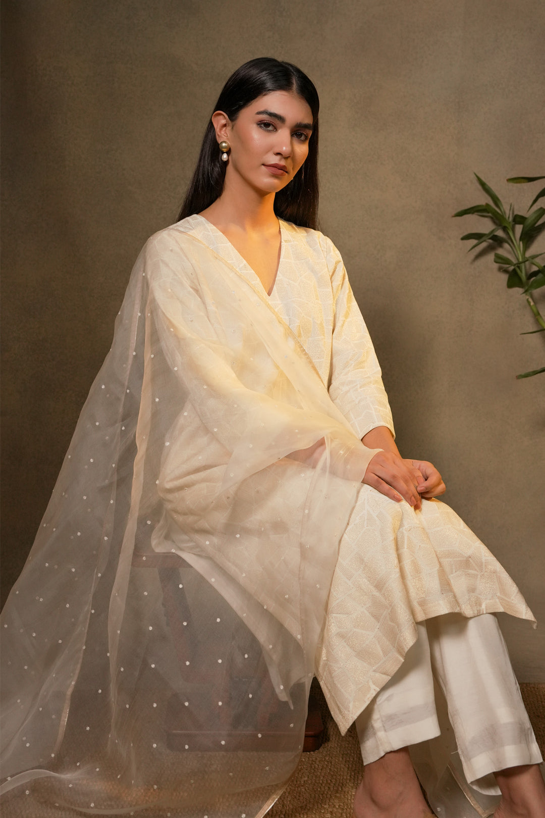 Natural Embroidered Cotton Silk Kurta with Dupatta and Pants