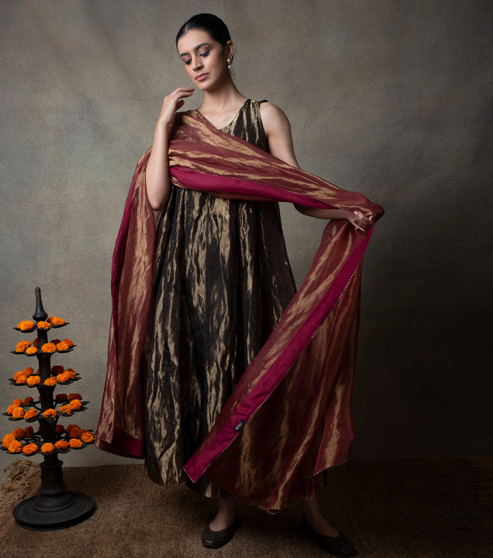 Maroon Gold Tissue Dupatta