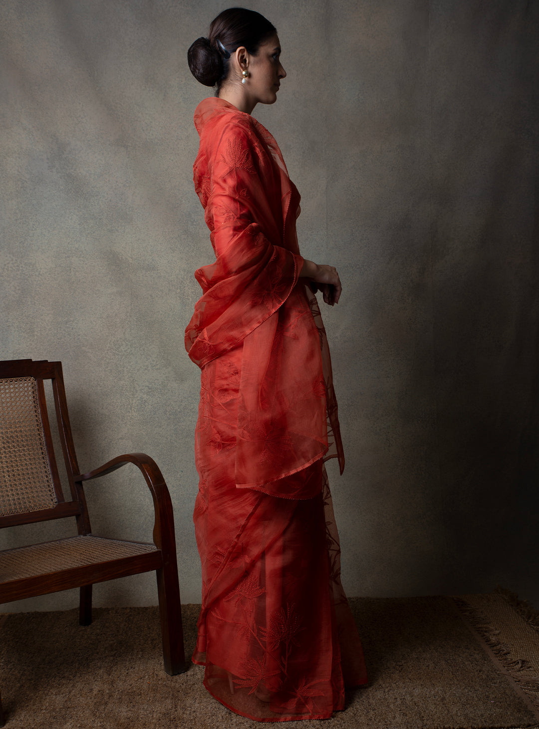 Rust Hand Embroidered Organza Saree