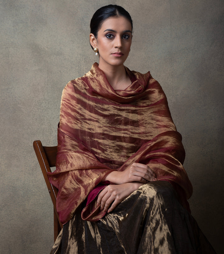 Maroon Gold Tissue Dupatta