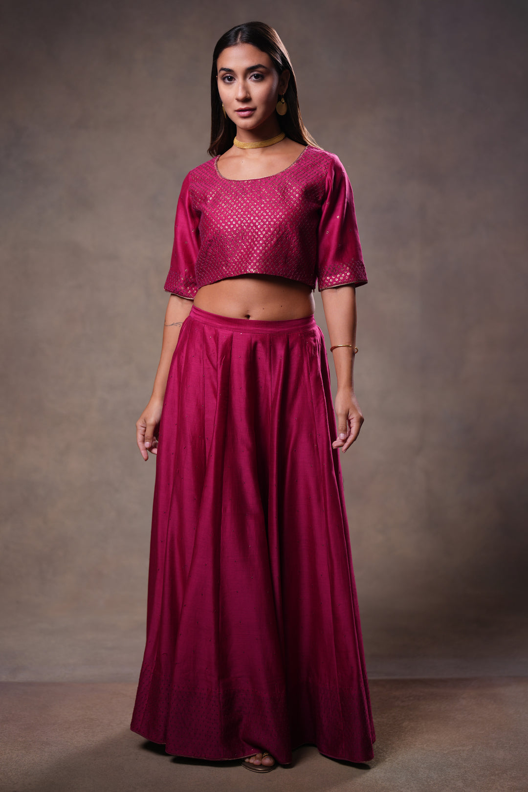 Magenta Hand Embroidered Chanderi Lehenga Set with Blouse & Dupatta