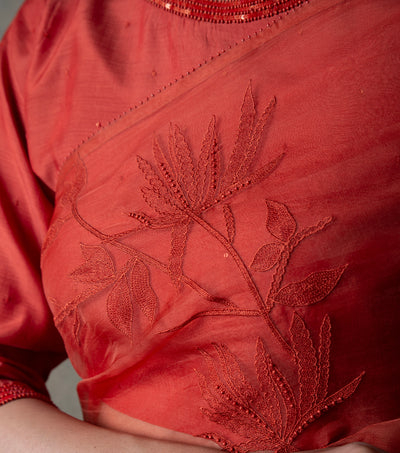 Rust Hand Embroidered Organza Saree