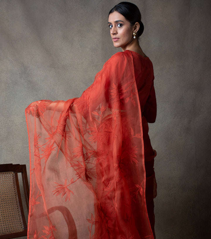 Rust Hand Embroidered Organza Saree