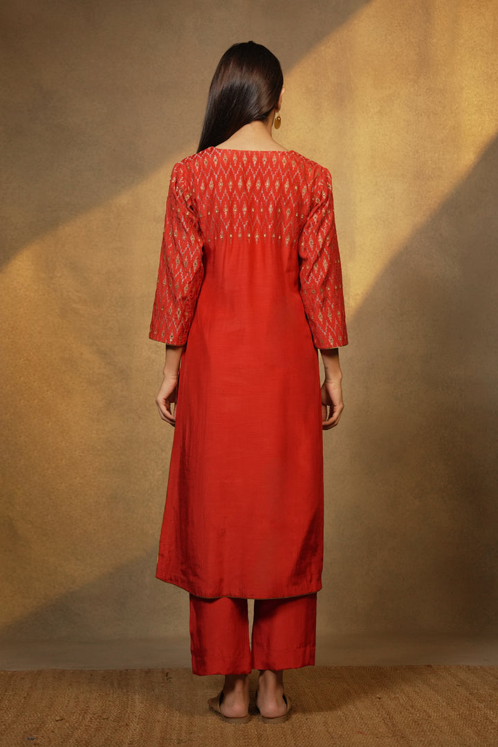 Orange Hand Embroidered Cotton Silk Kurta with Pants and Dupatta