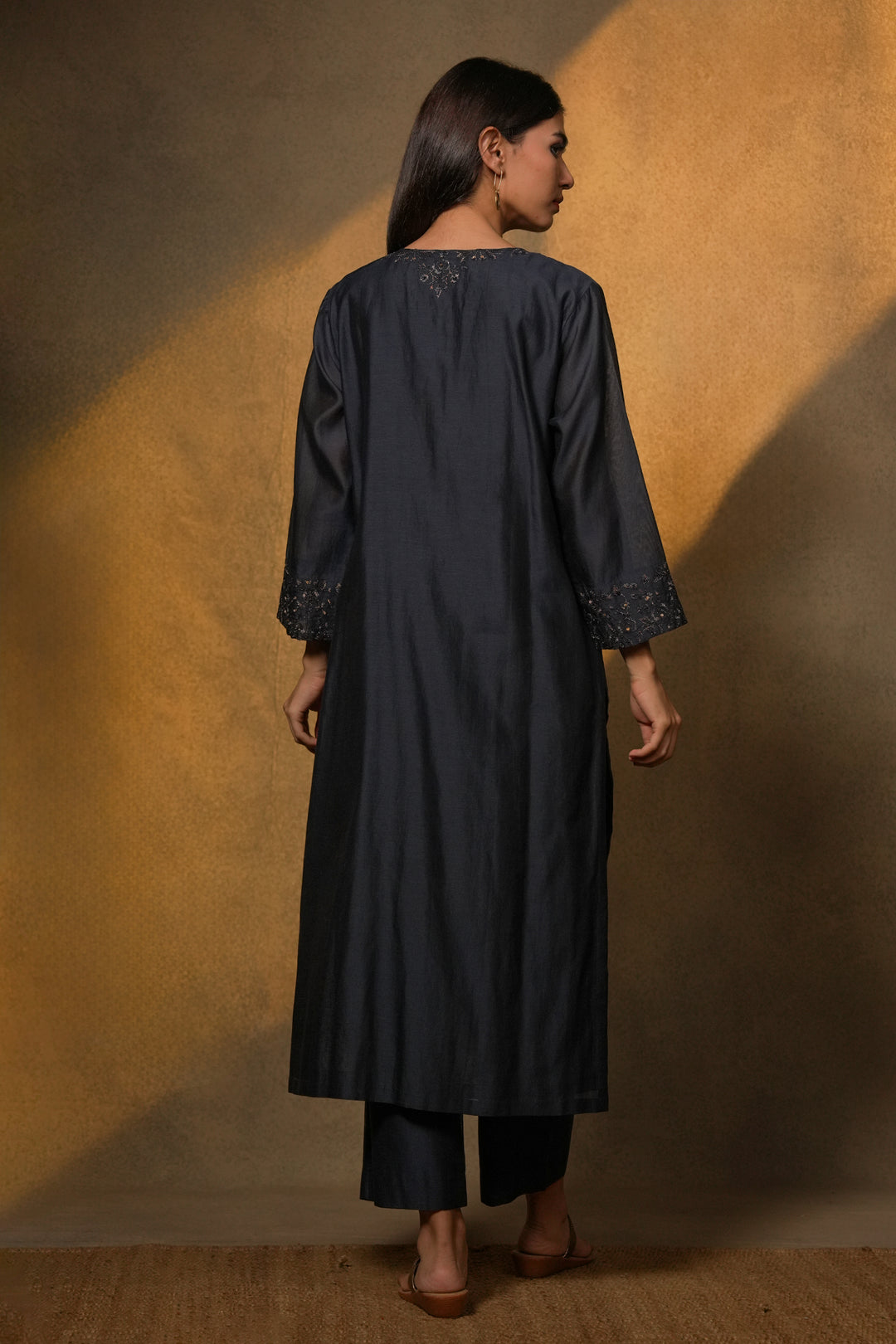 Navy Hand Embroidered Chanderi Kurta with Pants and Dupatta