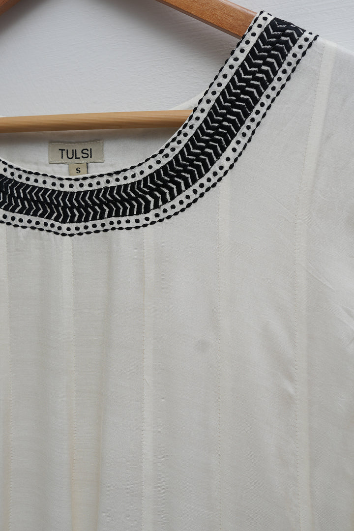 Off White & Black Embroidered Cotton Silk Kurta Set
