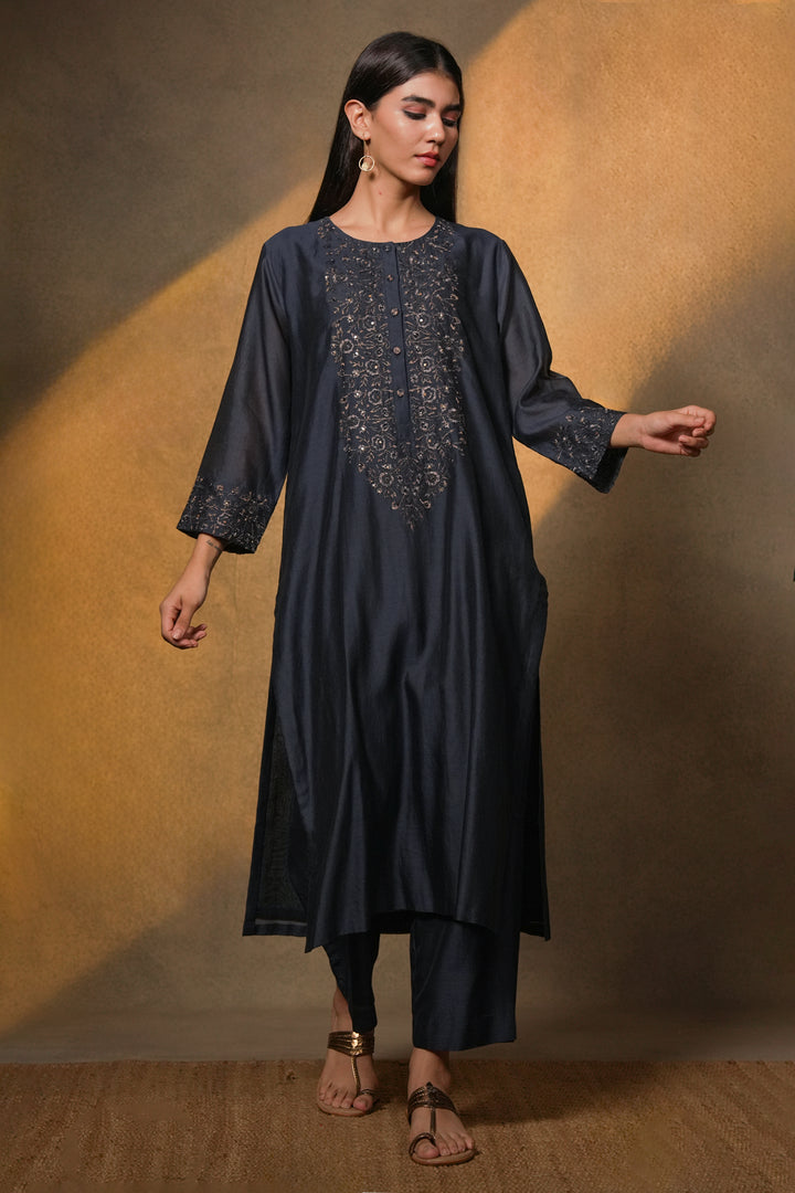 Navy Hand Embroidered Chanderi Kurta with Pants and Dupatta