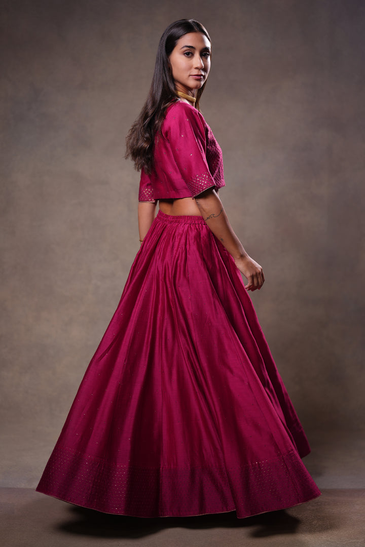Magenta Hand Embroidered Chanderi Lehenga Set with Blouse & Dupatta