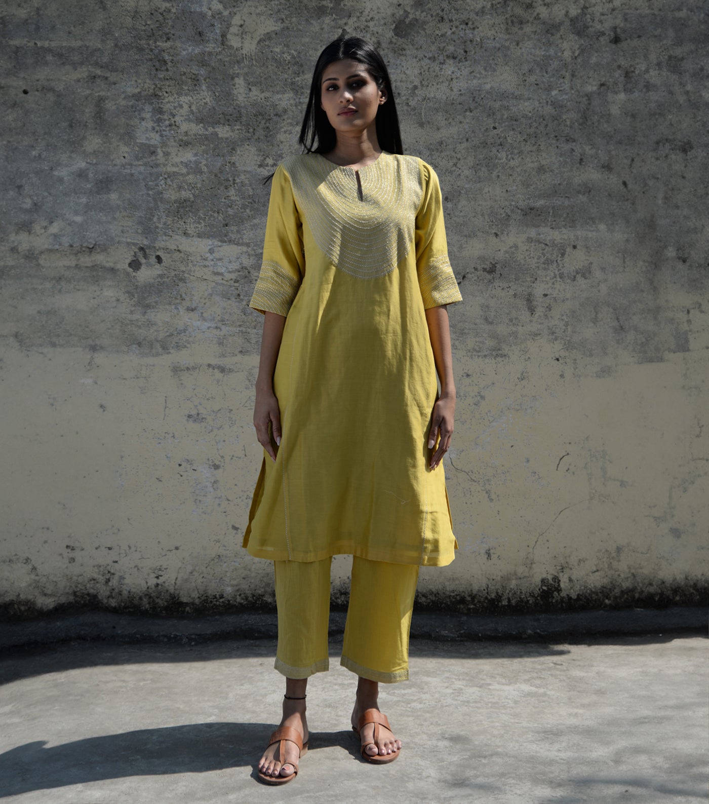Yellow Zari Embroidered Chanderi Kurta & pants set