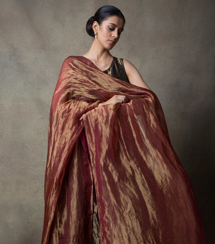 Maroon Gold Tissue Dupatta