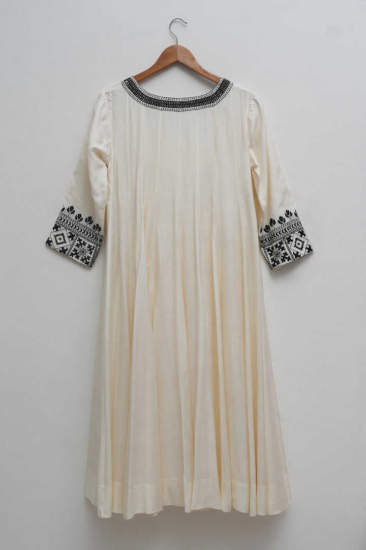 Off White & Black Embroidered Cotton Silk Kurta Set