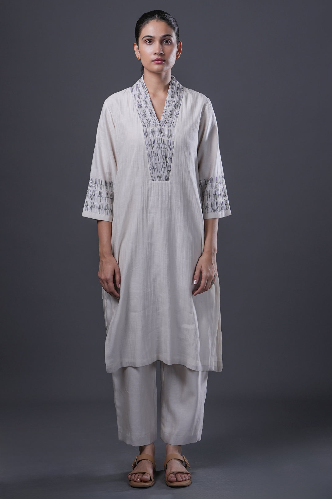 Ivory Embroidered Chanderi Kurta Set