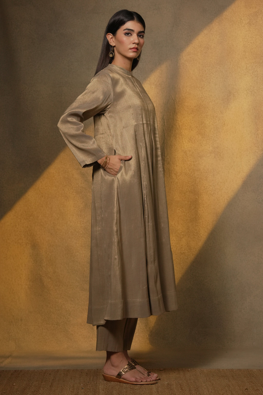 Beige Tissue Kurta with Pants and Dupatta