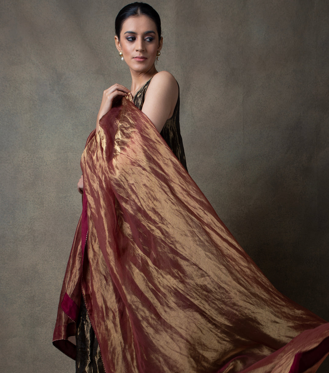 Maroon Gold Tissue Dupatta