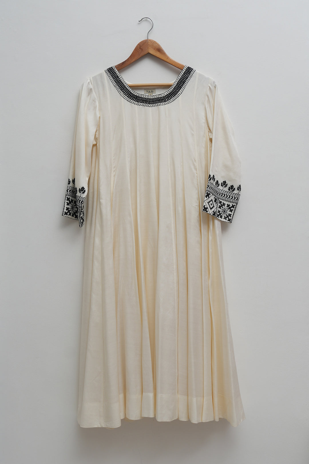 Off White & Black Embroidered Cotton Silk Kurta Set