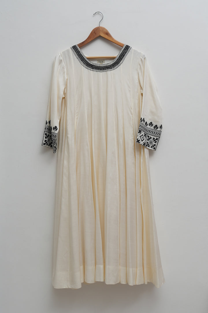Off White & Black Embroidered Cotton Silk Kurta Set