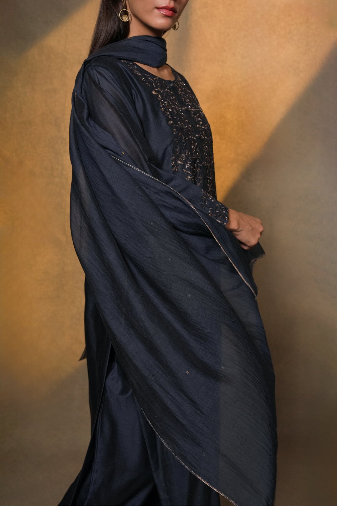 Navy Hand Embroidered Chanderi Kurta with Pants and Dupatta