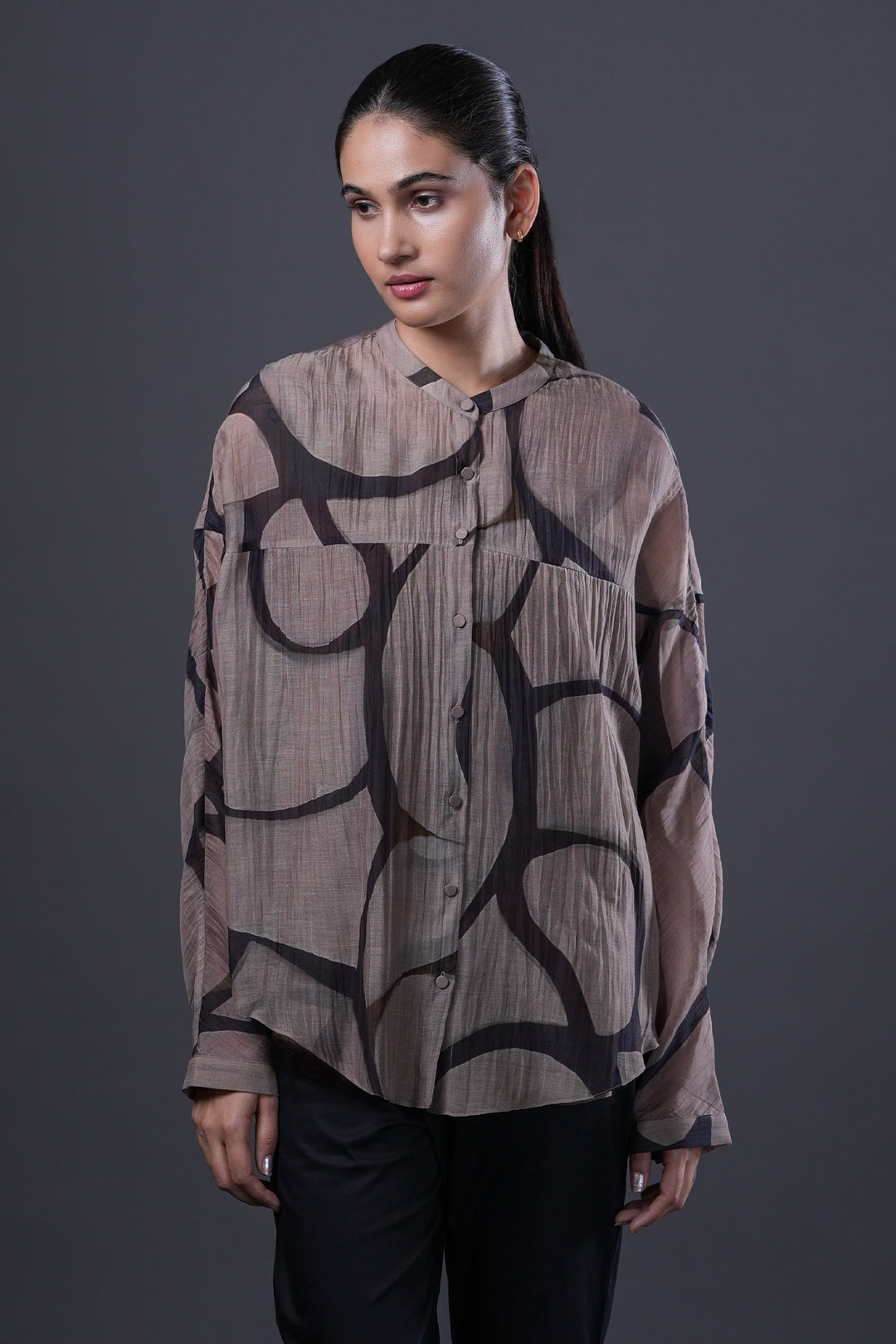 Veg and Black Abstract Print Chanderi Shirt