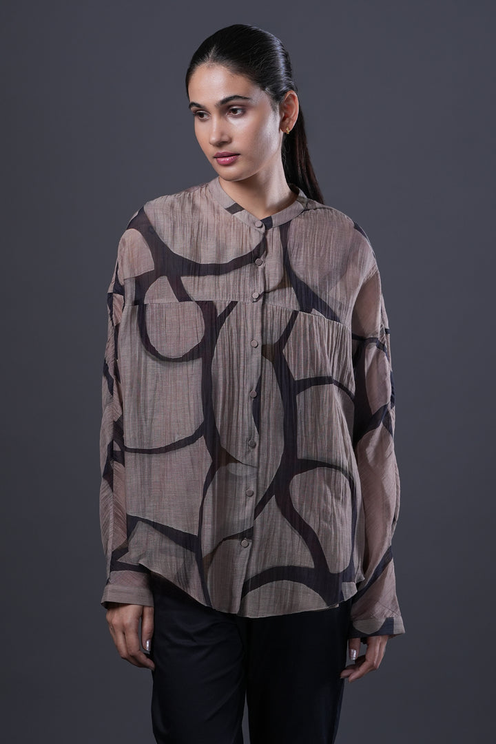 Veg and Black Abstract Print Chanderi Shirt