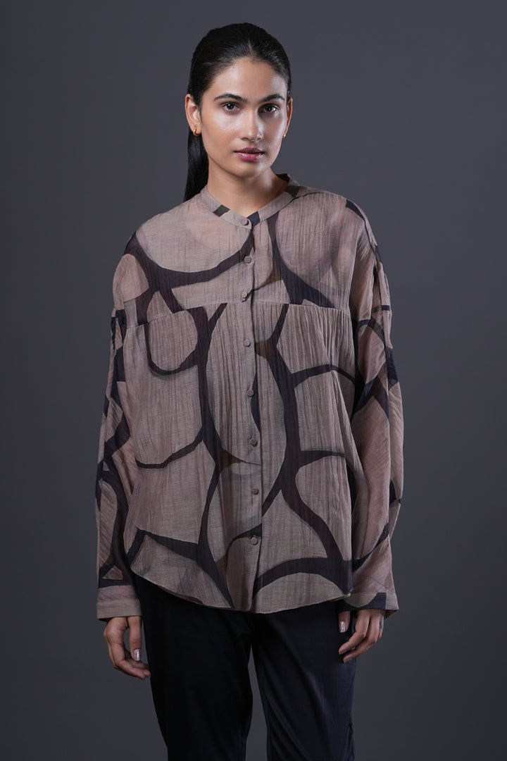 Veg and Black Abstract Print Chanderi Shirt
