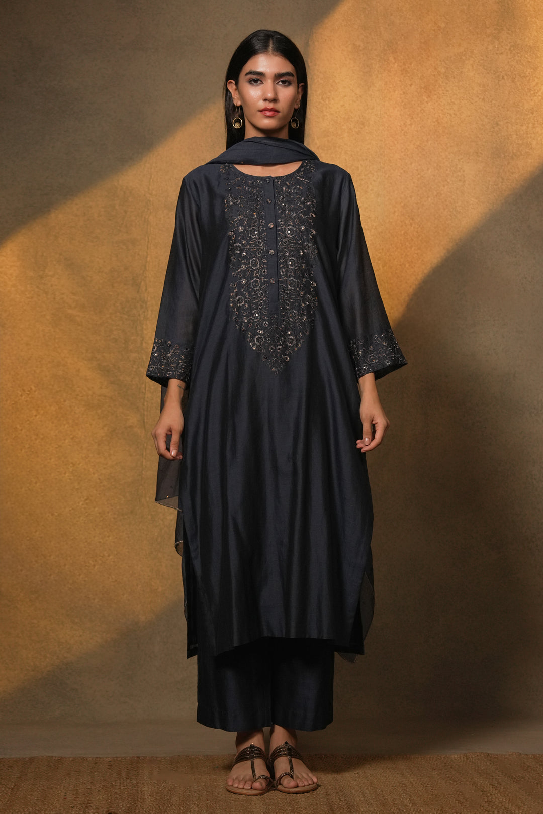 Navy Hand Embroidered Chanderi Kurta with Pants and Dupatta