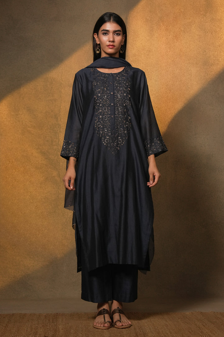 Navy Hand Embroidered Chanderi Kurta with Pants and Dupatta