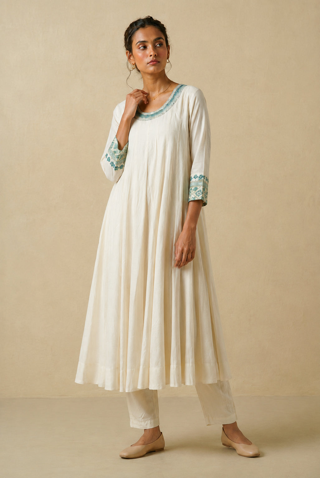 Off White & Teal Embroidered Cotton Silk Kurta Set