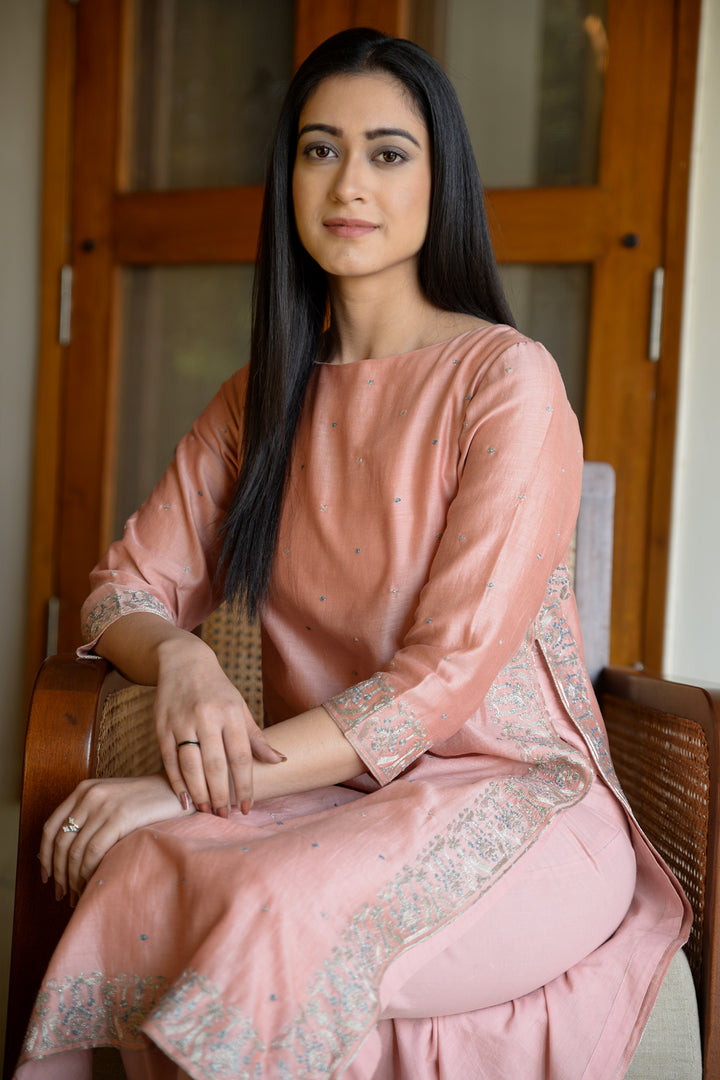 Peach Cotton Silk Kurta & Cotton Pants Set