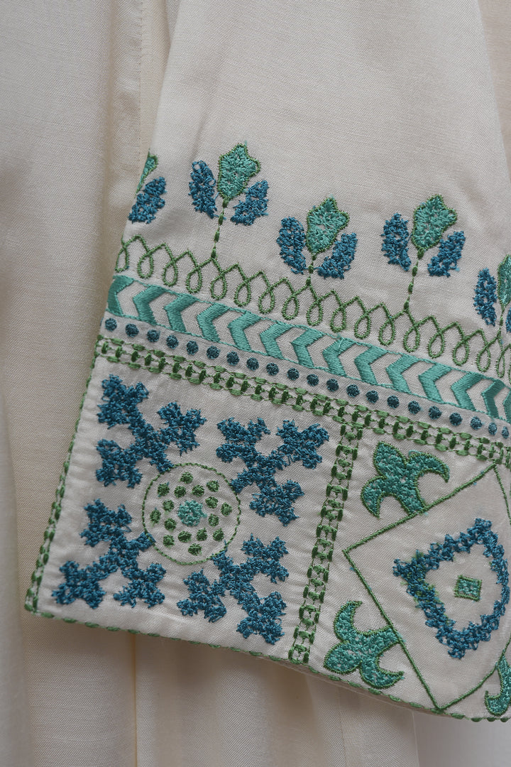 Off White & Teal Embroidered Cotton Silk Kurta Set