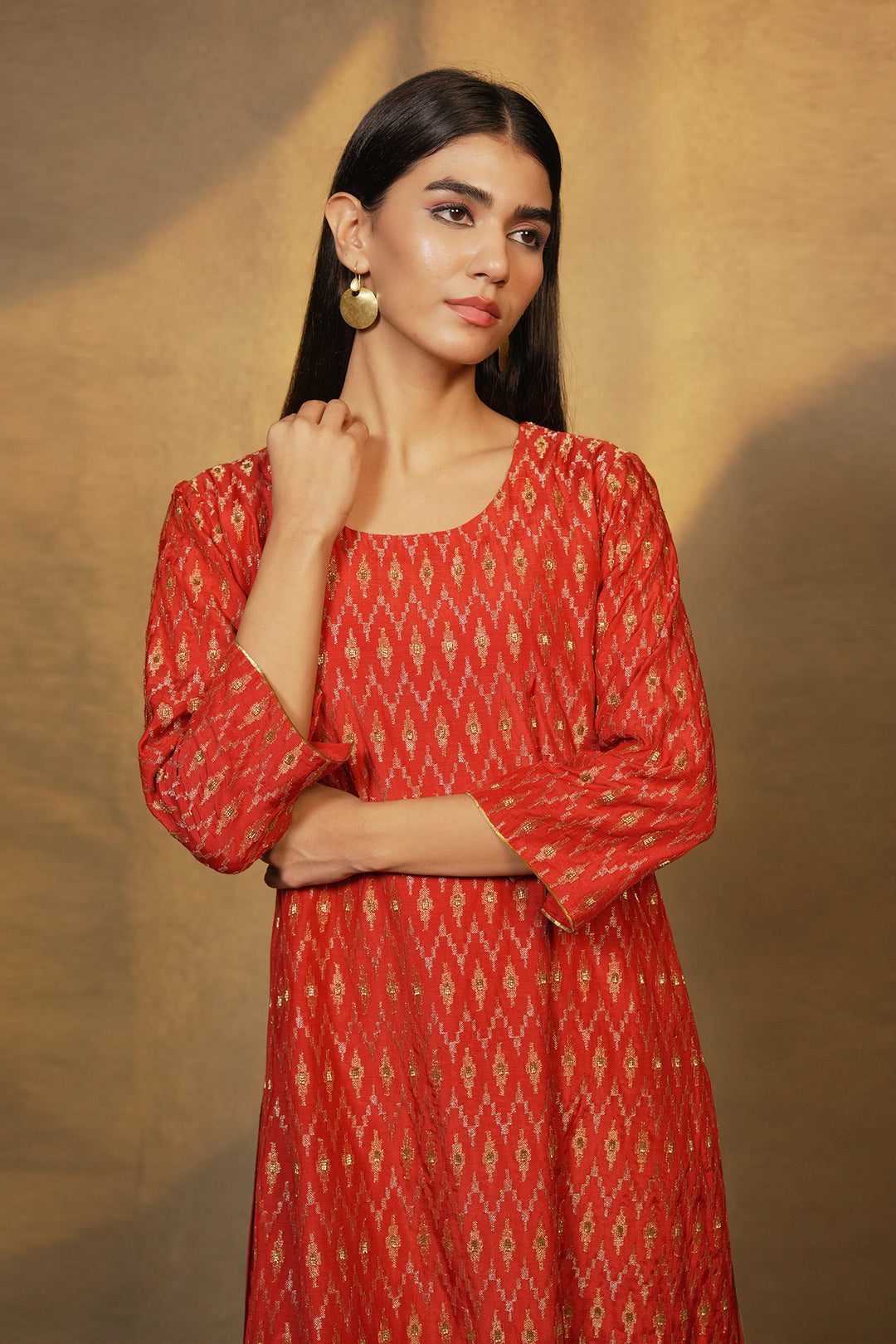 Orange Hand Embroidered Cotton Silk Kurta with Pants and Dupatta