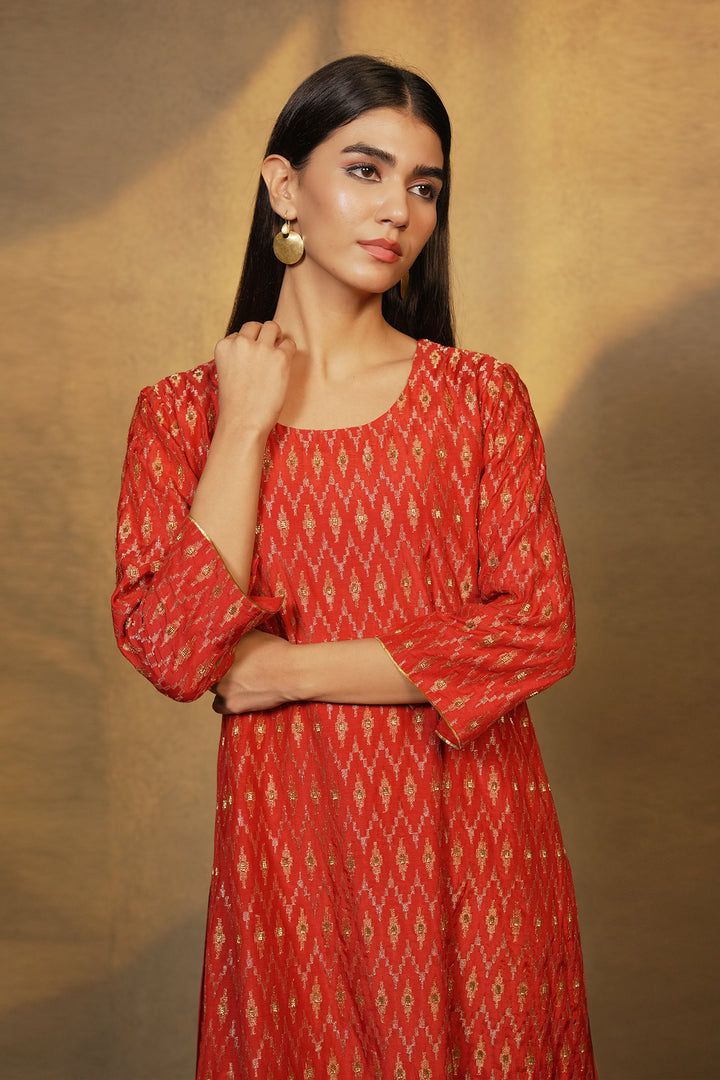 Orange Hand Embroidered Cotton Silk Kurta with Pants and Dupatta