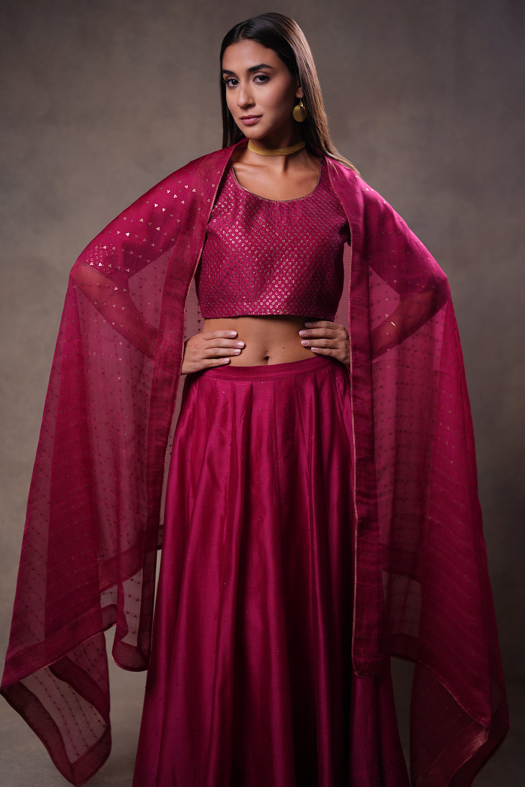 Magenta Hand Embroidered Chanderi Lehenga Set with Blouse & Dupatta