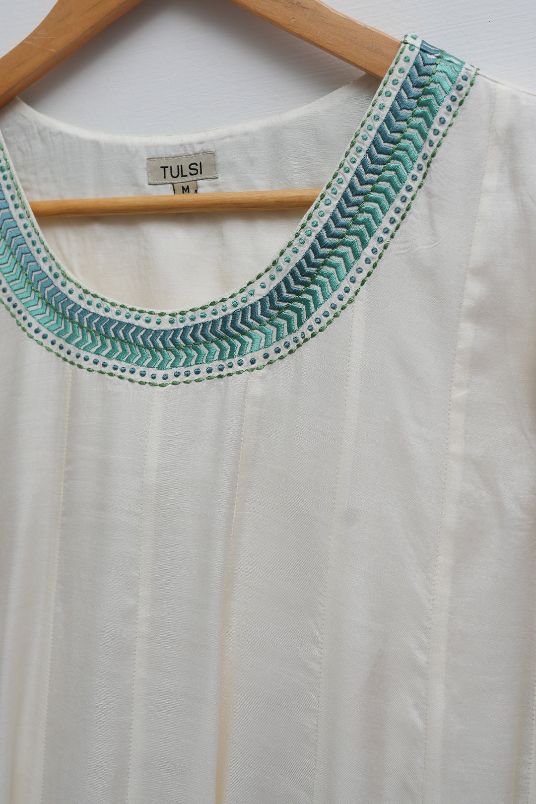 Off White & Teal Embroidered Cotton Silk Kurta Set