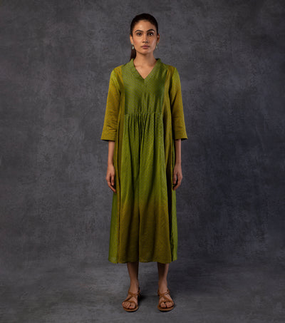 Green & Light Brown Shaded Panelled Chanderi Dress