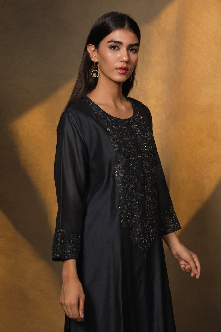 Navy Hand Embroidered Chanderi Kurta with Pants and Dupatta