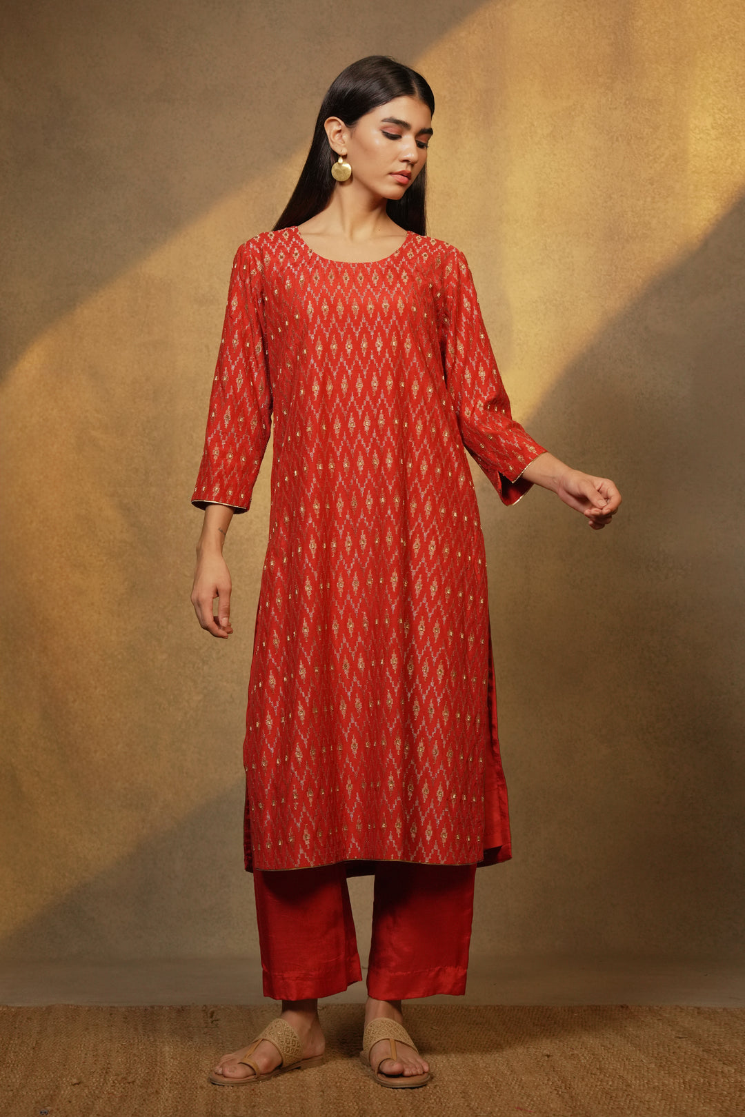 Orange Hand Embroidered Cotton Silk Kurta with Pants and Dupatta