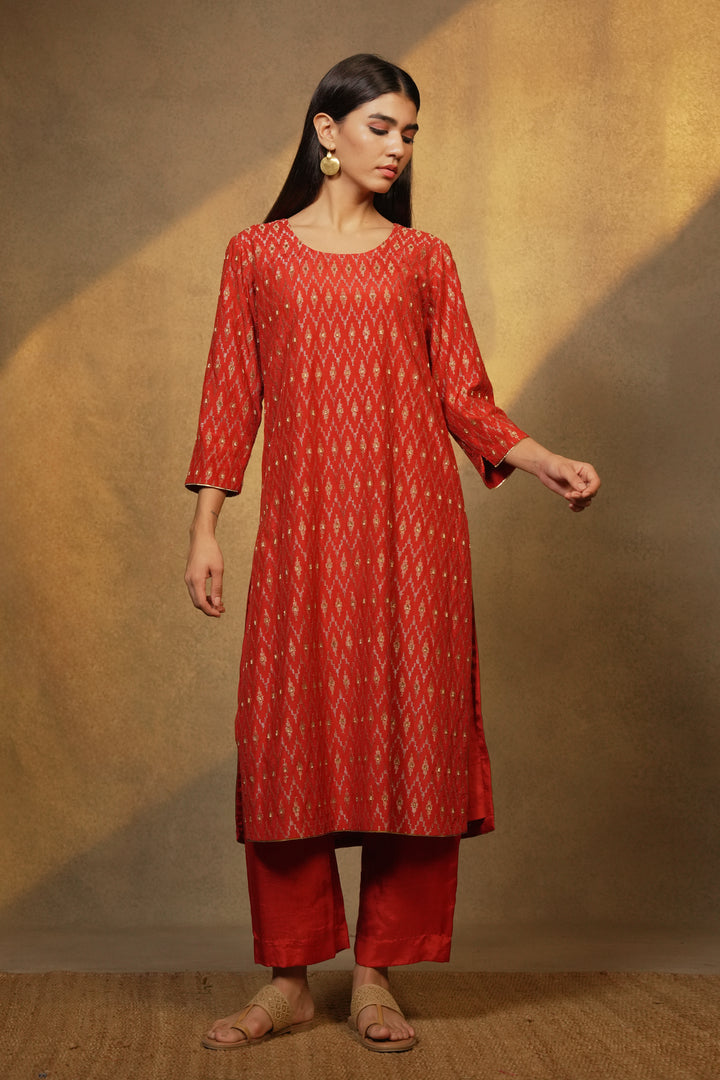 Orange Hand Embroidered Cotton Silk Kurta with Pants and Dupatta