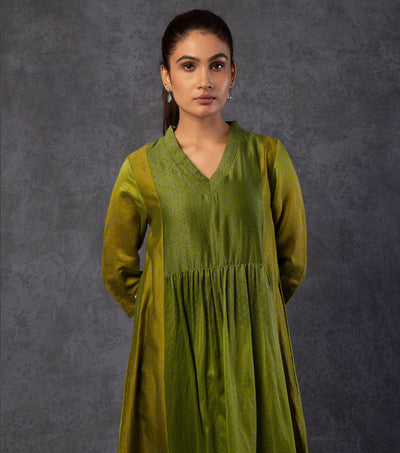 Green & Light Brown Shaded Panelled Chanderi Dress