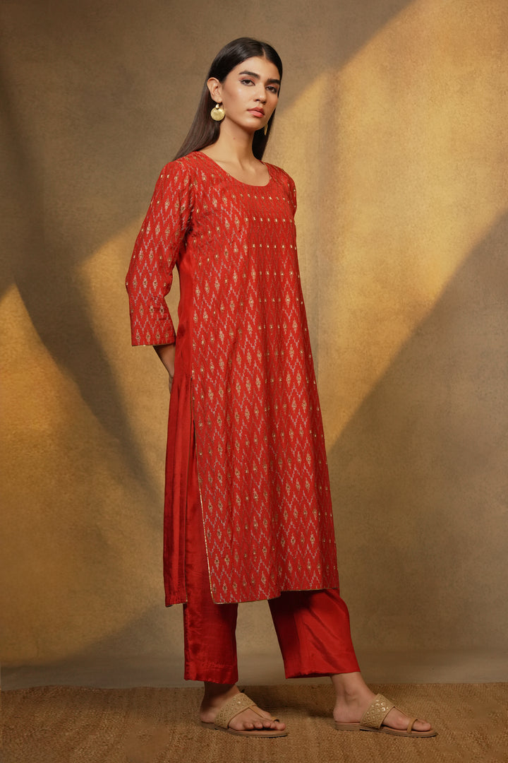 Orange Hand Embroidered Cotton Silk Kurta with Pants and Dupatta