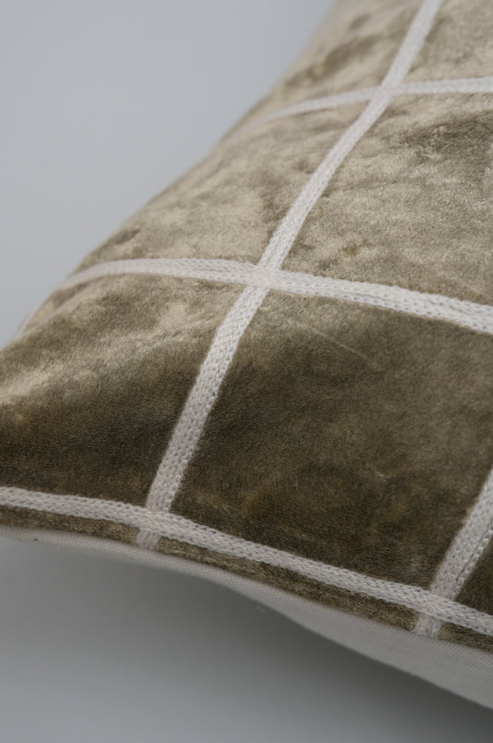 Olive Grid Velvet Cushion Cover